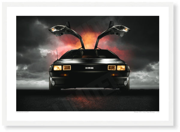 DeLorean DMC-12 A3 (297 x 420 mm / 11.7 x 16.5 in) / White Wood Frame (Printed on Fine Art Paper) / No Mount