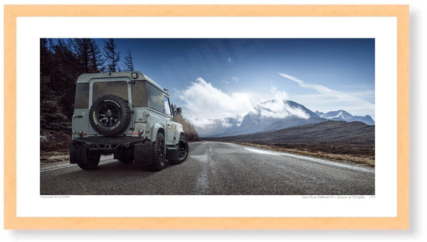 Land Rover Defender 90 in Scotland S (420mm x 222) / Wood Frame (Printed on Fine Art Paper) / No Mount