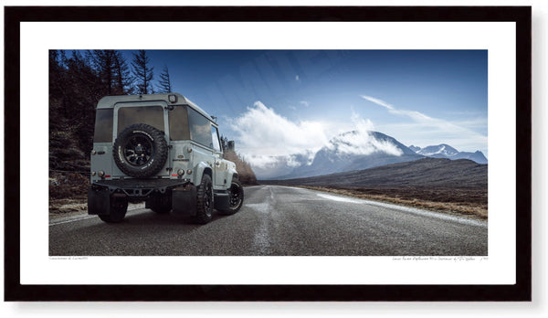 Land Rover Defender 90 in Scotland S (420mm x 222) / Black Wood Frame (Printed on Fine Art Paper) / No Mount