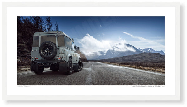Land Rover Defender 90 in Scotland S (420mm x 222) / White Wood Frame (Printed on Fine Art Paper) / No Mount