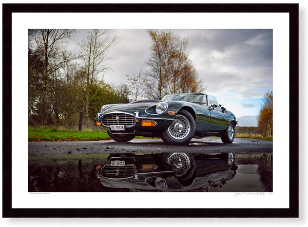Jaguar E-Type V12 (Series 3 roadster) A3 (297 x 420 mm / 11.7 x 16.5 in) / Black Wood Frame (Printed on Fine Art Paper)