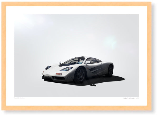 McLaren F1 (white) A3 (297 x 420 mm / 11.7 x 16.5 in) / Wood Frame (Printed on Fine Art Paper) / No Mount