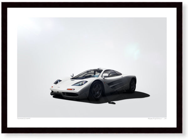 McLaren F1 (white) A3 (297 x 420 mm / 11.7 x 16.5 in) / Black Wood Frame (Printed on Fine Art Paper) / No Mount