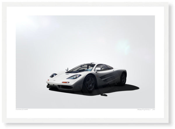 McLaren F1 (white) A3 (297 x 420 mm / 11.7 x 16.5 in) / White Wood Frame (Printed on Fine Art Paper) / No Mount