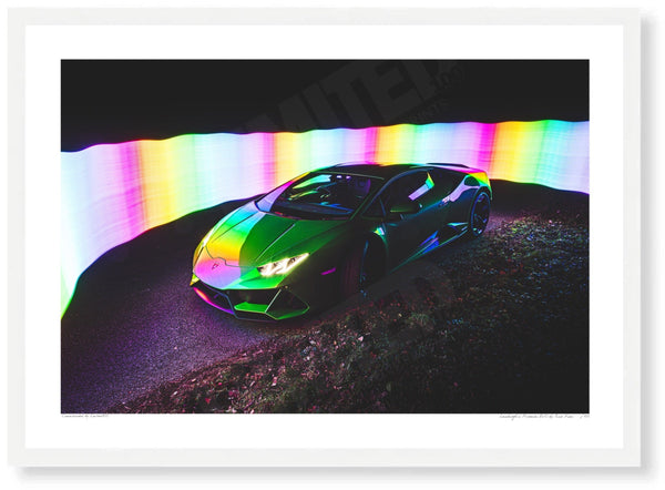Lamborghini Huracán EVO (technicolour) A3 (297 x 420 mm / 11.7 x 16.5 in) / White Wood Frame (Printed on Fine Art