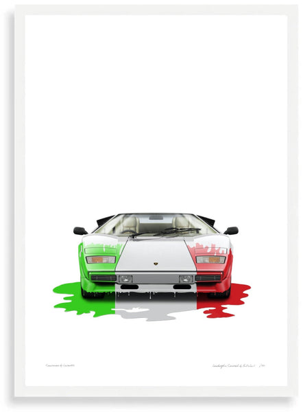 Lamborghini Countach (tricolore in uno) A3 (297 x 420 mm / 11.7 x 16.5 in) / White Wood Frame (Printed on Fine Art