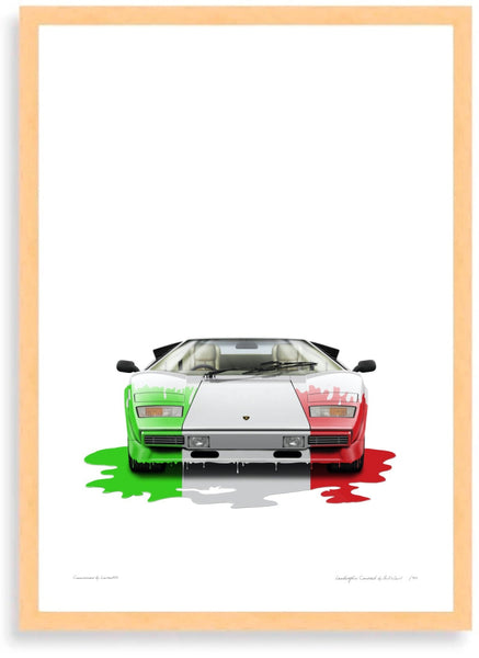 Lamborghini Countach (tricolore in uno) A3 (297 x 420 mm / 11.7 x 16.5 in) / Wood Frame (Printed on Fine Art Paper)
