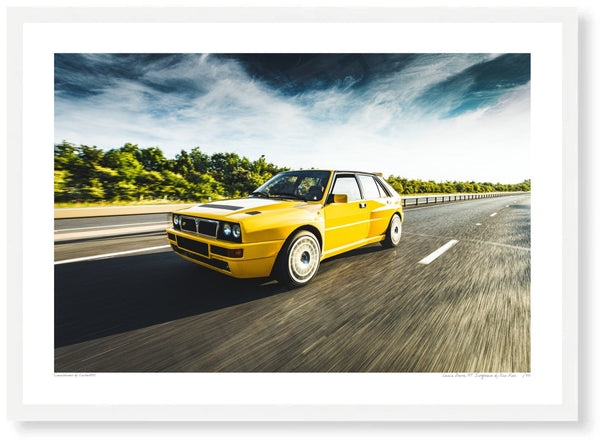Lancia Delta HF Integrale A3 (297 x 420 mm / 11.7 x 16.5 in) / White Wood Frame (Printed on Fine Art Paper) / No Mount