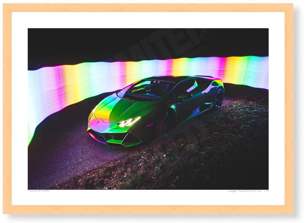 Lamborghini Huracán EVO (technicolour) A3 (297 x 420 mm / 11.7 x 16.5 in) / Wood Frame (Printed on Fine Art Paper) / No