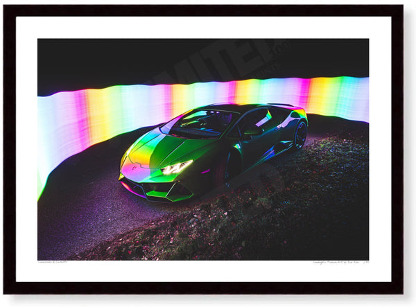 Lamborghini Huracán EVO (technicolour) A3 (297 x 420 mm / 11.7 x 16.5 in) / Black Wood Frame (Printed on Fine Art