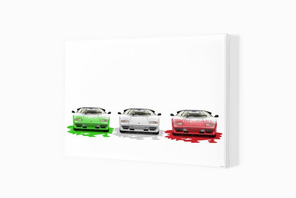 Lamborghini Countach (tricolore) A3 (297 x 420 mm / 11.7 x 16.5 in) / Canvas Print (Mounted on Wood Internal Frame)