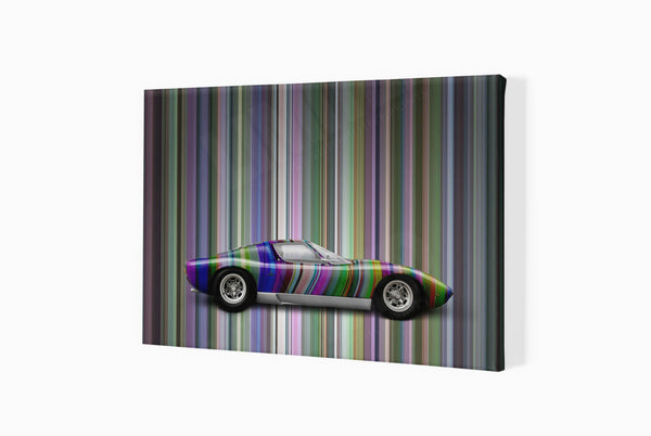Lamborghini Miura (technicolour stripes) A3 (297 x 420 mm / 11.7 x 16.5 in) / Canvas Print (Mounted on Wood Internal