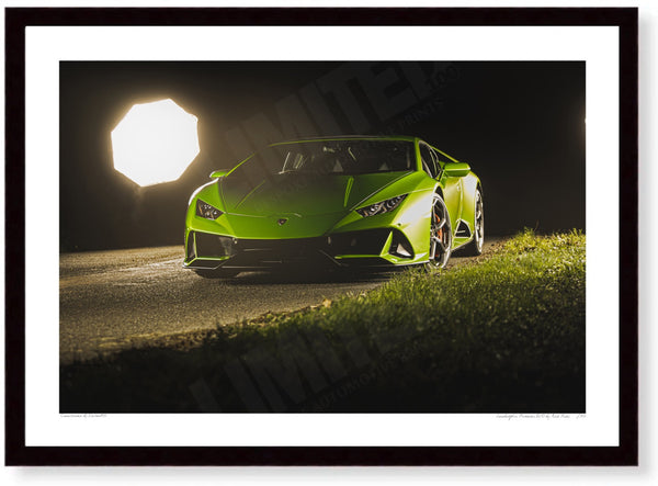 Lamborghini Huracán EVO (limelight) A3 (297 x 420 mm / 11.7 x 16.5 in) / Black Wood Frame (Printed on Fine Art Paper)