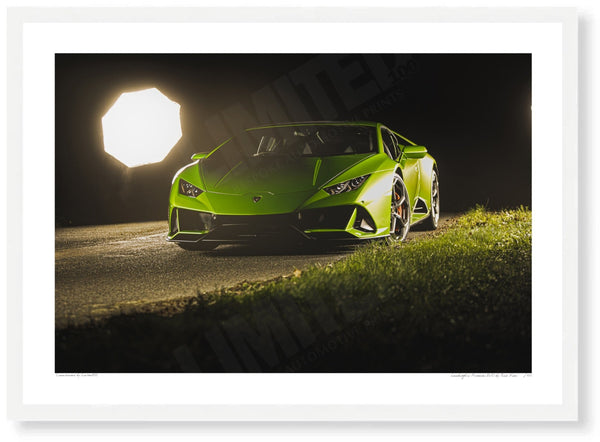 Lamborghini Huracán EVO (limelight) A3 (297 x 420 mm / 11.7 x 16.5 in) / White Wood Frame (Printed on Fine Art Paper)