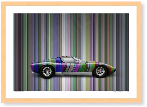 Lamborghini Miura (technicolour stripes) A3 (297 x 420 mm / 11.7 x 16.5 in) / Wood Frame (Printed on Fine Art Paper)