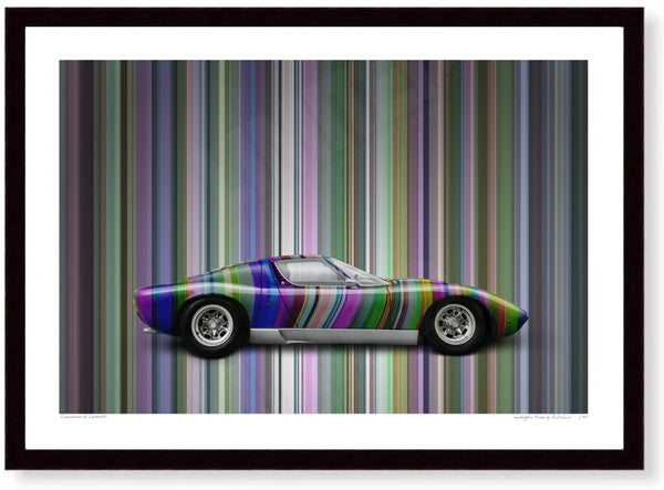 Lamborghini Miura (technicolour stripes) A3 (297 x 420 mm / 11.7 x 16.5 in) / Black Wood Frame (Printed on Fine Art