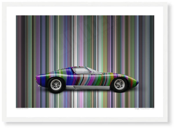 Lamborghini Miura (technicolour stripes) A3 (297 x 420 mm / 11.7 x 16.5 in) / White Wood Frame (Printed on Fine Art