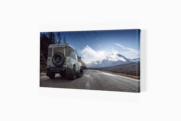 Land Rover Defender 90 in Scotland S (420mm x 222) / Canvas Print (Mounted on Wood Internal Frame) / No Mount