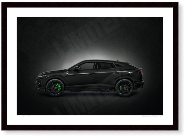 Lamborghini Urus (black) A3 (297 x 420 mm / 11.7 x 16.5 in) / Black Wood Frame (Printed on Fine Art Paper) / No Mount