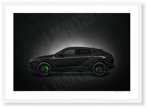 Lamborghini Urus (black) A3 (297 x 420 mm / 11.7 x 16.5 in) / White Wood Frame (Printed on Fine Art Paper) / No Mount