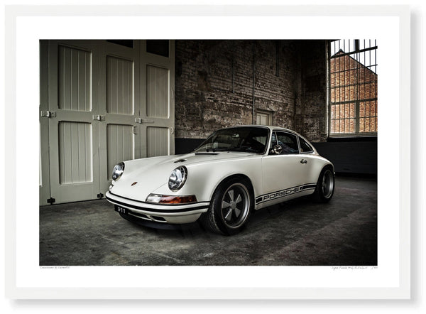 Singer Porsche 911 at Bicester Heritage A3 (297 x 420 mm / 11.7 x 16.5 in) / White Wood Frame (Printed on Fine Art