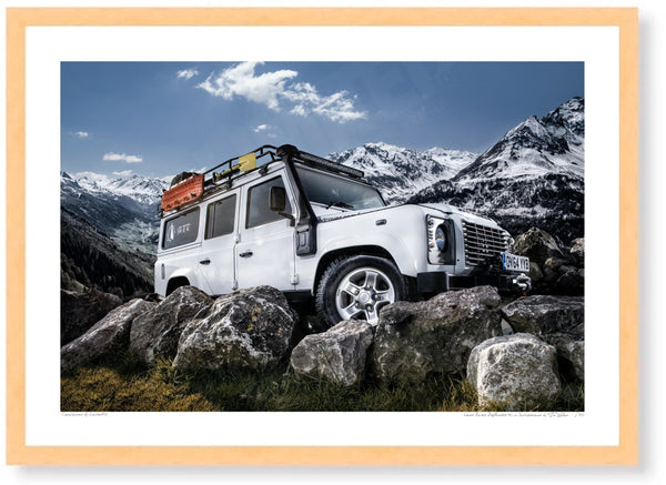 Land Rover Defender 110 in Switzerland A3 (297 x 420 mm / 11.7 x 16.5 in) / Wood Frame (Printed on Fine Art Paper) / No