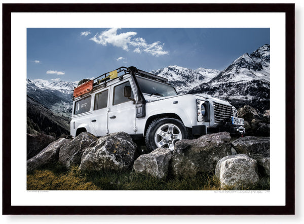 Land Rover Defender 110 in Switzerland A3 (297 x 420 mm / 11.7 x 16.5 in) / Black Wood Frame (Printed on Fine Art
