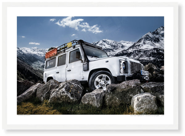 Land Rover Defender 110 in Switzerland A3 (297 x 420 mm / 11.7 x 16.5 in) / White Wood Frame (Printed on Fine Art