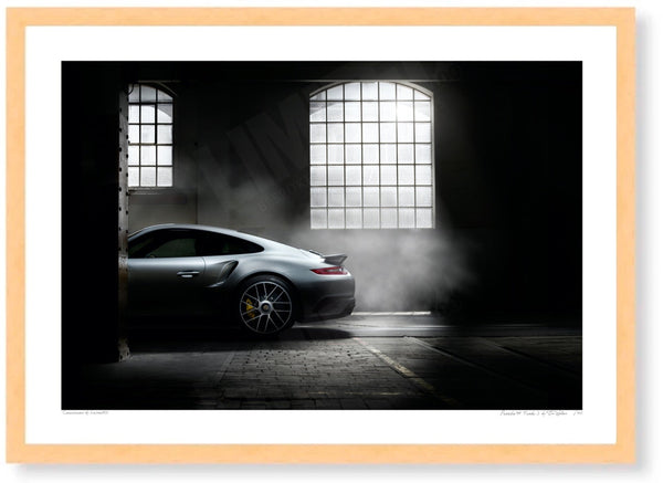 Porsche 911 Turbo S 991 in Zürich (B) A3 (297 x 420 mm / 11.7 x 16.5 in) / Wood Frame (Printed on Fine Art Paper) / No