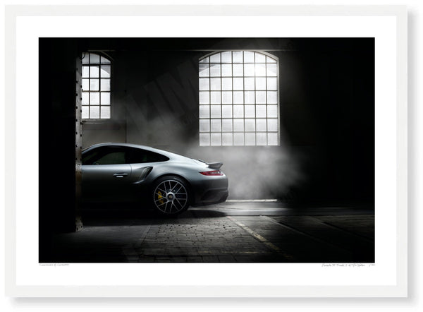 Porsche 911 Turbo S 991 in Zürich (B) A3 (297 x 420 mm / 11.7 x 16.5 in) / White Wood Frame (Printed on Fine Art Paper)