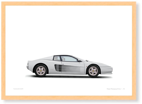 Ferrari Testarossa (white white) A3 (297 x 420 mm / 11.7 x 16.5 in) / Wood Frame (Printed on Fine Art Paper) / No Mount