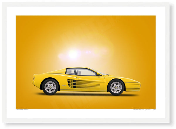 Ferrari Testarossa (yellow yellow) A3 (297 x 420 mm / 11.7 x 16.5 in) / White Wood Frame (Printed on Fine Art Paper)