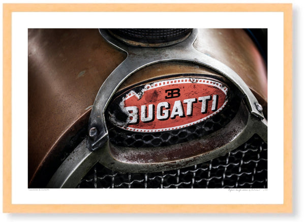 Bugatti badge detail A3 (297 x 420 mm / 11.7 x 16.5 in) / Wood Frame (Printed on Fine Art Paper) / No Mount Posters