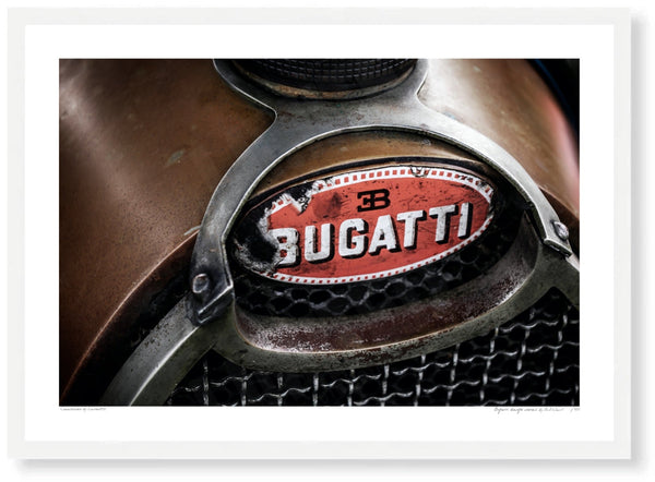 Bugatti badge detail A3 (297 x 420 mm / 11.7 x 16.5 in) / White Wood Frame (Printed on Fine Art Paper) / No Mount