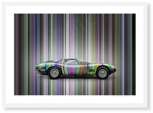 Bizzarrini 5300 GT Strada (technicolour stripes) A3 (297 x 420 mm / 11.7 x 16.5 in) / White Wood Frame (Printed on Fine
