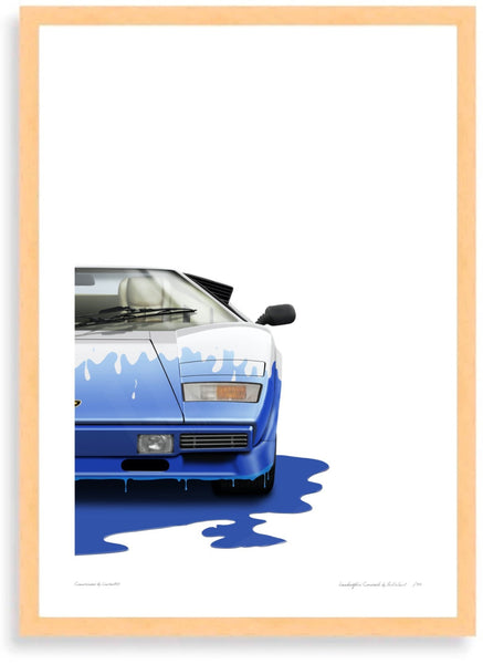 Lamborghini Countach (white blue) A3 (297 x 420 mm / 11.7 x 16.5 in) / Wood Frame (Printed on Fine Art Paper) / No Mount