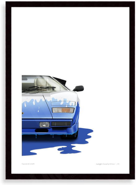 Lamborghini Countach (white blue) A3 (297 x 420 mm / 11.7 x 16.5 in) / Black Wood Frame (Printed on Fine Art Paper)