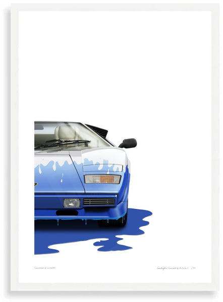 Lamborghini Countach (white blue) A3 (297 x 420 mm / 11.7 x 16.5 in) / White Wood Frame (Printed on Fine Art Paper)