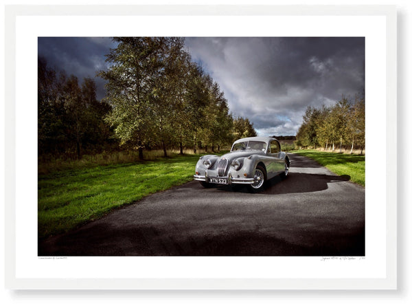 Jaguar XK140 A3 (297 x 420 mm / 11.7 x 16.5 in) / White Wood Frame (Printed on Fine Art Paper) / No Mount