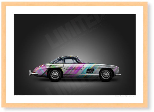 Mercedes-Benz 300 SL (technicolour on black) A3 (297 x 420 mm / 11.7 x 16.5 in) / Wood Frame (Printed on Fine Art