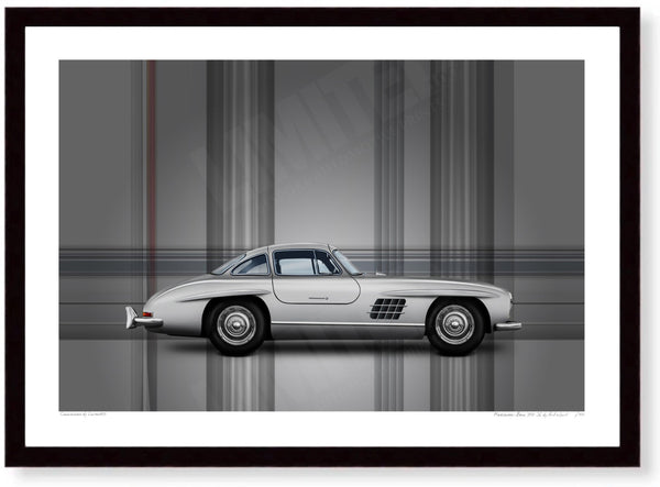 Mercedes-Benz 300 SL A3 (297 x 420 mm / 11.7 x 16.5 in) / Black Wood Frame (Printed on Fine Art Paper) / No Mount