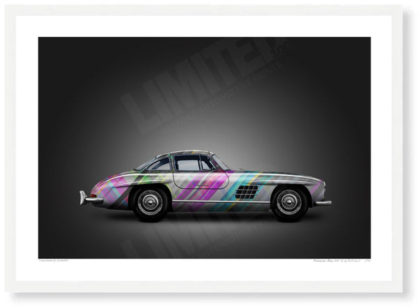 Mercedes-Benz 300 SL (technicolour on black) A3 (297 x 420 mm / 11.7 x 16.5 in) / White Wood Frame (Printed on Fine Art