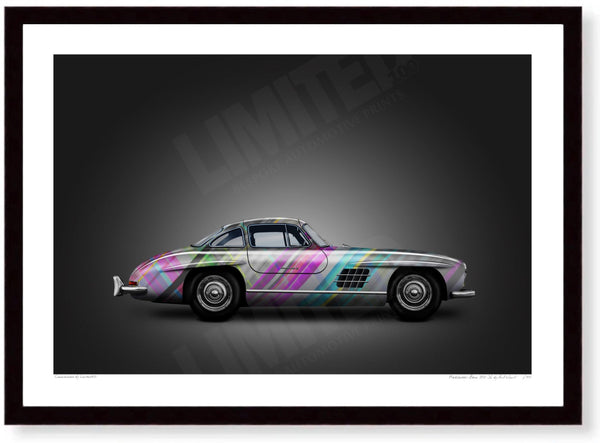 Mercedes-Benz 300 SL (technicolour on black) A3 (297 x 420 mm / 11.7 x 16.5 in) / Black Wood Frame (Printed on Fine Art