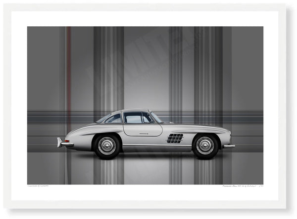 Mercedes-Benz 300 SL A3 (297 x 420 mm / 11.7 x 16.5 in) / White Wood Frame (Printed on Fine Art Paper) / No Mount